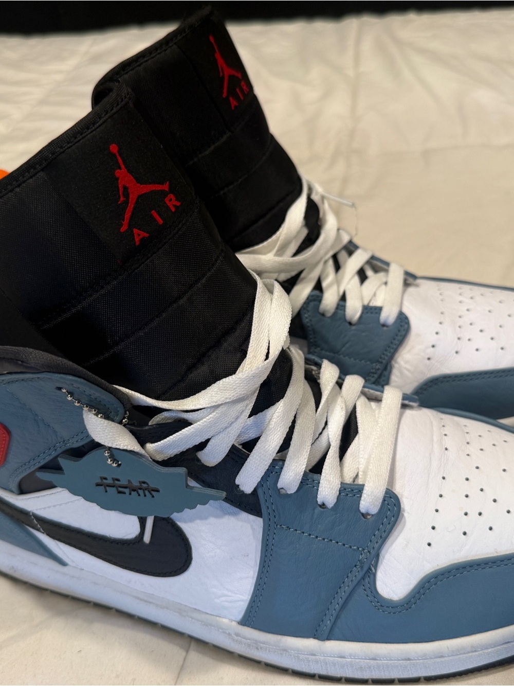 Jordan Men’s High-Top Sneakers White Black Blue with Red Accents